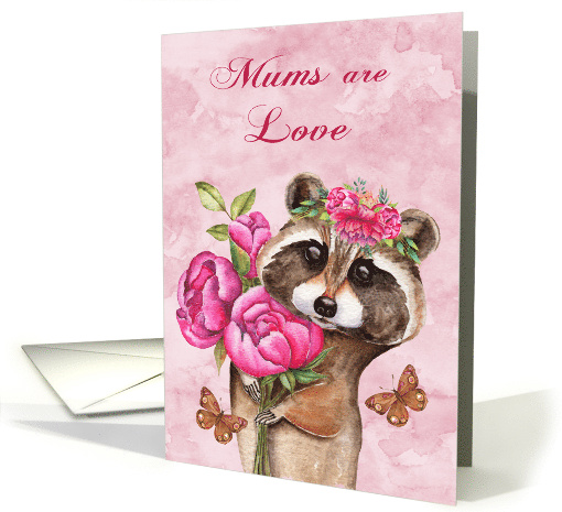 Mother's Day to Mum with a Beautiful Raccoon Holding Flowers card
