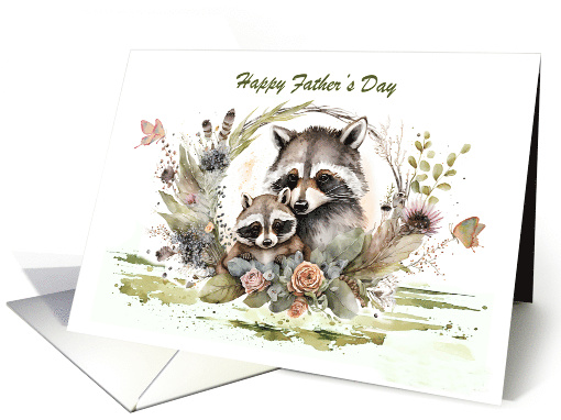 Father's Day with a Raccoon and his Baby Surrounded by Flowers card