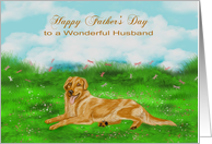 Father’s Day to Husband with a Golden Retriever Relaxing in a Meadow card