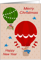 Christmas with a Cat and Reindeer Floating in Festive Hot Air Balloons card