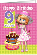 9th Birthday Card Pretty Trendy Little Girl And Cake card