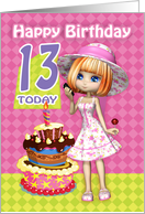 13th Birthday Card Pretty Trendy Little Girl And Cake card
