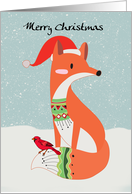Fox In Christmas Hat With Cardinal Bird - Merry Christmas card