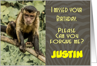 Personalized Sorry I missed your Birthday Sad Looking Capuchin Monkey card