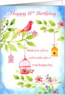 15th Birthday Little Birds With leaves and flowers, cute watercolor card