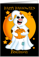 Birthday Happy Halloween Ghost, With Pumpkin and Stars card