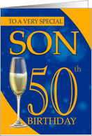 Son 50th Birthday In Blue And Orange With Champagne card