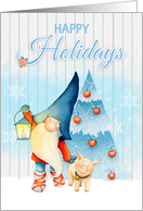 Happy Holidays Scandi Gnome With Pig And Lantern card
