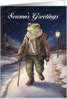 Season’s Greetings Vintage Style Winter Frog Walking Down a Lane card