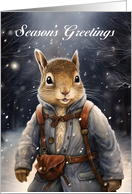 Season’s Greetings Vintage style Winter Squirrel Walking Down a Lane card