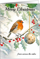 Merry Christmas from Across the Miles Robin on a Holly Branch card