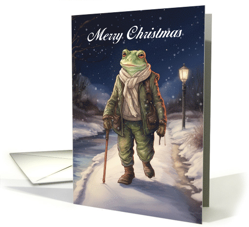 Merry Christmas Vintage Style Winter Frog Walking Down a Lane card