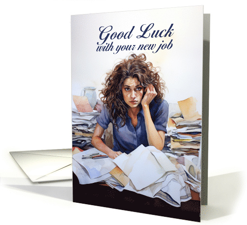 Good Luck with your New Job Stressed Woman in a Purple Shirt card