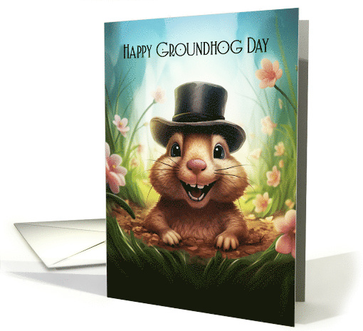 Groundhog Day Greeting Card With Cute Groundhog in Top Hat card