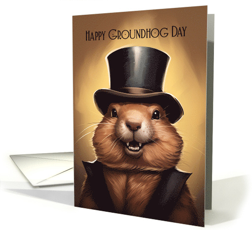 Groundhog Day Greeting Card With Cute Groundhog with Hat card