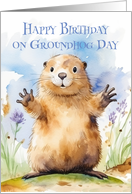 Birthday on Groundhog Day a Cute Groundhog Waving card