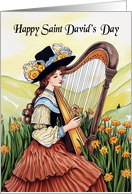 Saint David’s Day Welsh Lady with Welsh Harp and Daffodils card
