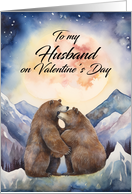 Husband Valentine with Two Bears Hugging Mountain Scenery and Moon card