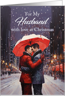 Gay Husband Christmas Under a Red Umbrella with a Snowy Scene card