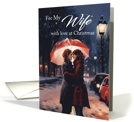 Lesbian Wife Christmas Under a Red Umbrella with a Snowy Scene card