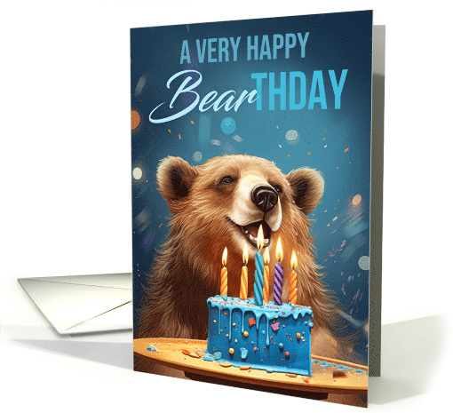 Bear Birthday With cake and Candles Play on Words Bearthsday card