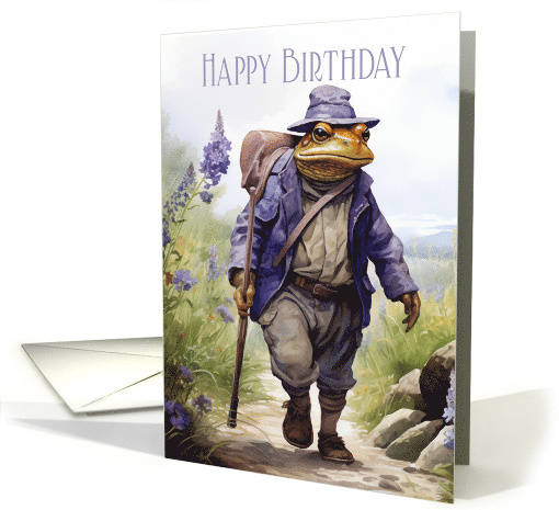 Happy Birthday Frog Walking in the Countryside Purple Tones card