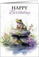 Happy Birthday Frog Sitting on a Rock with Flowers and Pond card