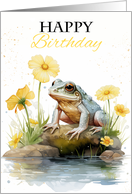 Happy Birthday Frog Sitting on a Rock with Flowers and a Pond card