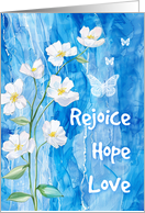 Easter Rejoice Hope Love on a Blue Background with White Flowers card
