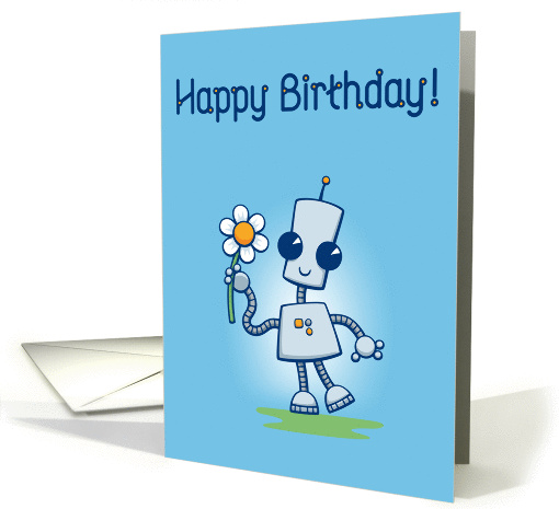 Happy Birthday Cute Robot holding a Flower card (1367624)