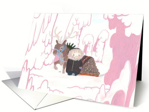 Season's Greetings - A kid with a reindeer in the snowy forest card