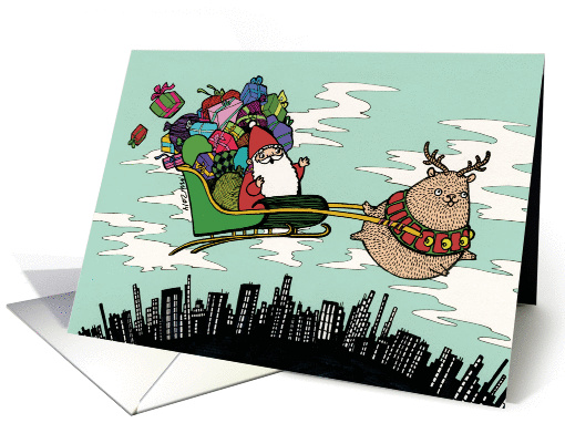 Happy Holidays! - Santa & chubby reindeer flying in the sky card