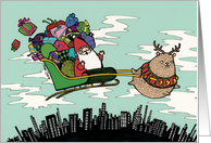 Happy Holidays! - Santa & chubby reindeer flying in the sky card