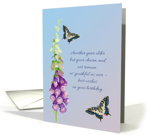Foxglove Flower and Swallowtail Butterflies Birthday Wishes card