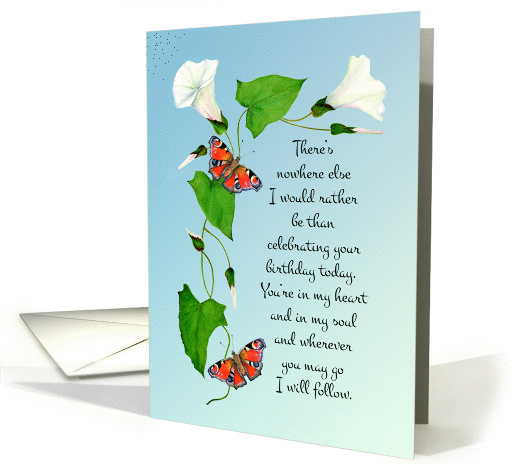 Happy Birthday Dear Wife in Convulvulus and Peacock Butterflies card