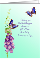 Birthday wishes with foxgloves and purple emperor butterflies card