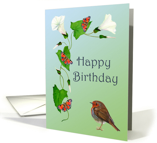 Happy Birthday Wishes with Hand-painted Robin and Peacock... (1369462)