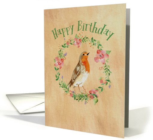 Happy Birthday with floral wreath and Robin card (1382310)