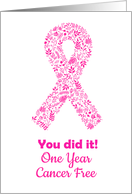 Cancer free one year anniversary pink ribbon card