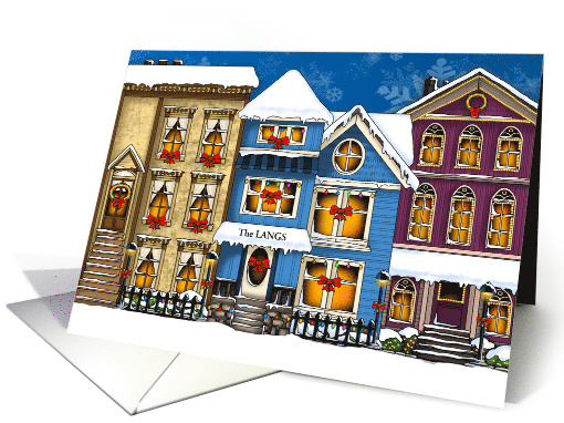 Holiday Neighborhood - Custom Name houses with wreaths card (1386940)