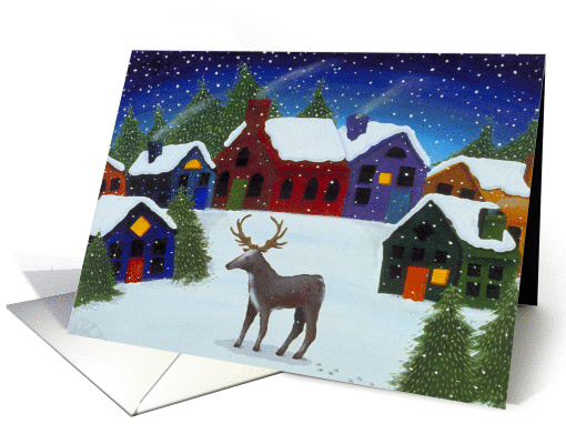 Reindeer New in Town, Winter Landscape for Holiday Greetings card