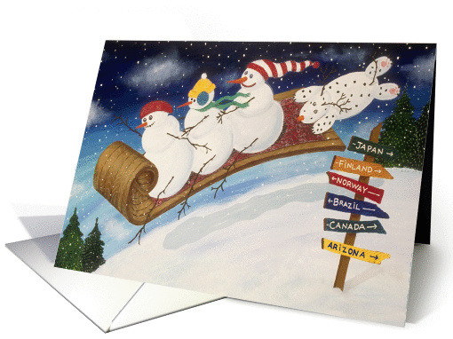 Snowmen on Sleigh Fly Through Night Sky Folk Art Christmas card