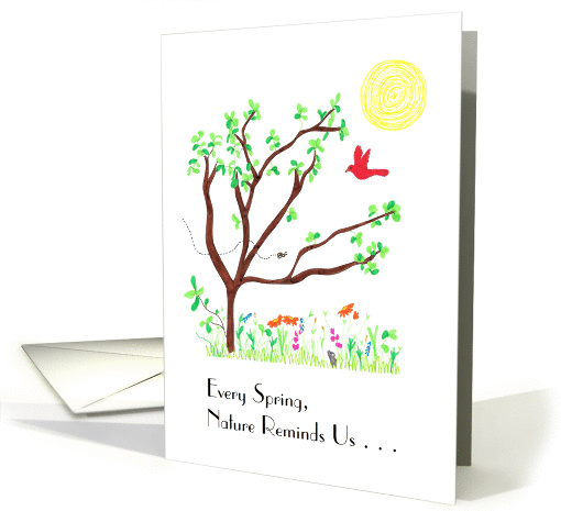Spring - Tree, Bird, Mouse and Bee With Flowers - Nature card