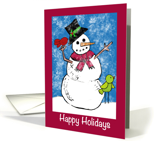 Happy Holidays - Snowman - birds - snowing - Christmas card (1456710)