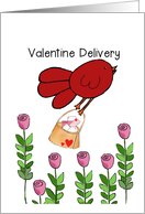 Valentine Delivery - Red Bird Carrying Valentines Over Pink Tulips card