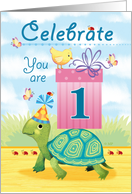 One Year Old Happy Birthday Turtle Delivering a Pink Present card