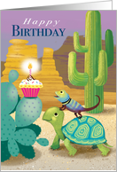 Happy Birthday Cute Turtle and Lizard Finding a Cupcake in the Desert card