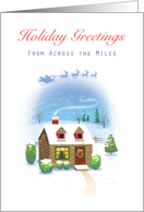 Across the Miles Santa Sleigh Reindeer Flying Over Cabin Christmas Eve card