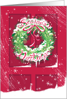 Snowy Seasons Greetings Christmas Wreath on Red Door card