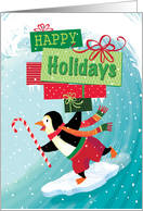Surfing Penguin Happy Holidays Presents card